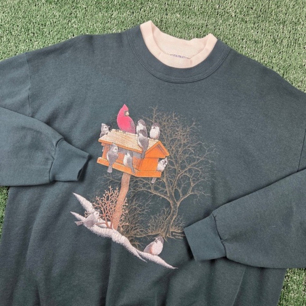 Vintage Morning Sun Birdhouse Cardinal Double Collar Sweatshirt Mens XL USA Made
